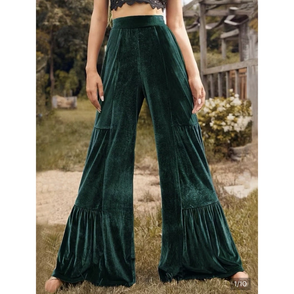 Luukse Velvet Wide Leg Pull In Pants Size Large Tiered Teal Green Boho Cottage